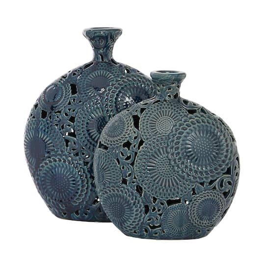 Set of 2 Blue Stoneware Eclectic Vase, 16", 13"